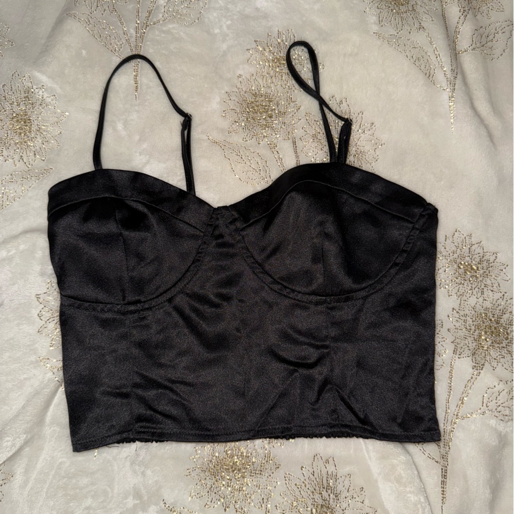Black Textured Bustier Crop top with Spaghetti Straps and Light Padding